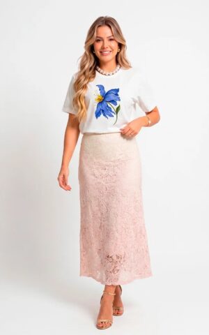 T-SHIRT BRANCA FLOR AZUL