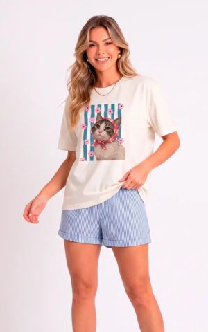 T-SHIRT BRANCA GATO AZUL