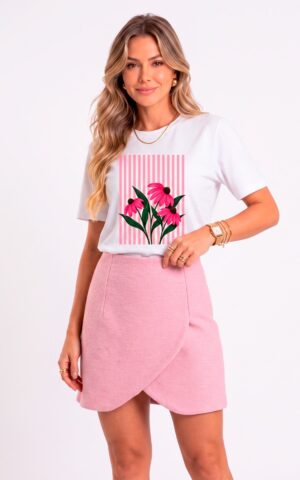 T-SHIRT BRANCA FLOWERS ROSA